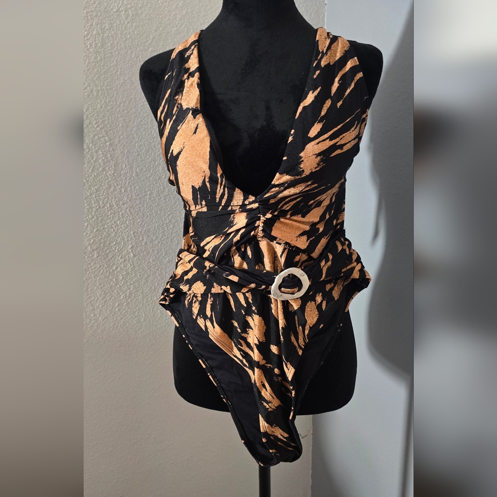 Cupshe Black and Tan Animal-Print Wrap One-Piece Swimsuit